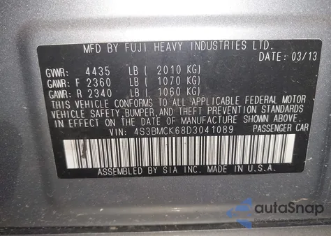 2013 Subaru Legacy 2.5I Limited from USA, damaged, VIN 4S3BMCK68D3041089